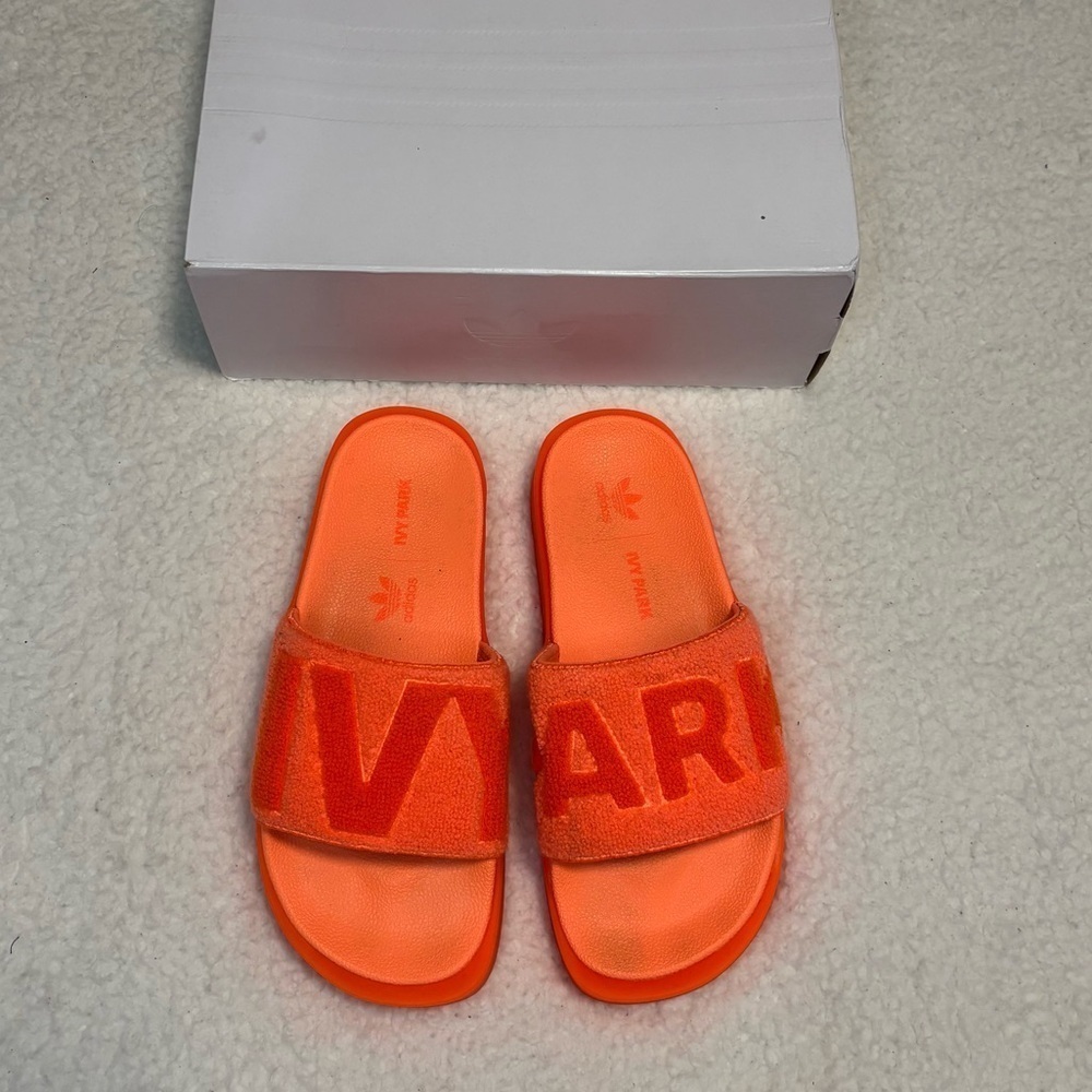 Ivy Park x Adidas Screaming Orange Terry Cloth Logo Platform Slides